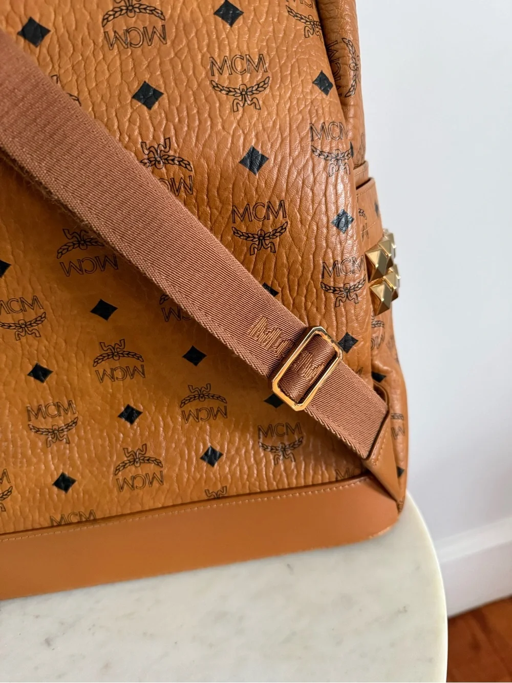 MCM Cognac Viestos Medium-Size Backpack with Monogram Side Studded Stark